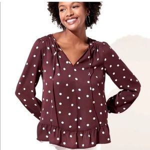 Maroon Polka Dot Tie Neck Loft Blouse